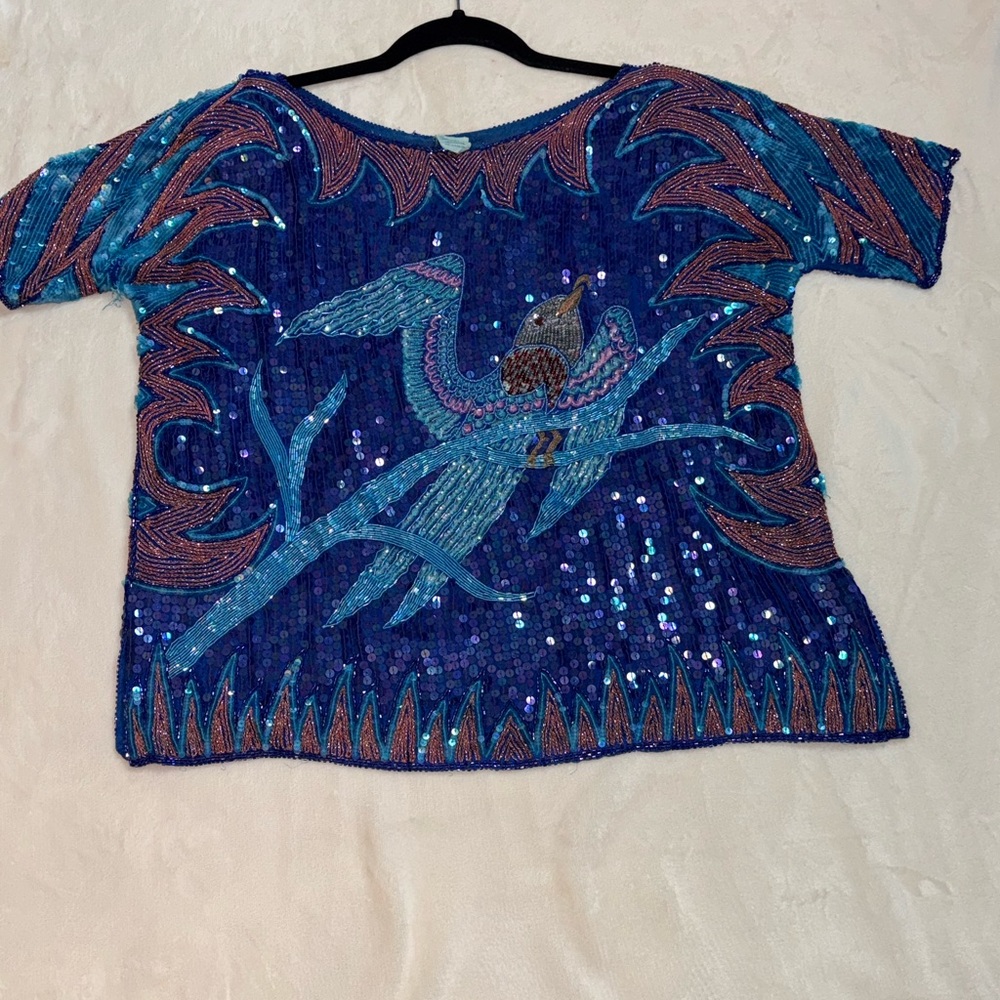 Blue and Purple Sequin Top with Bird Design